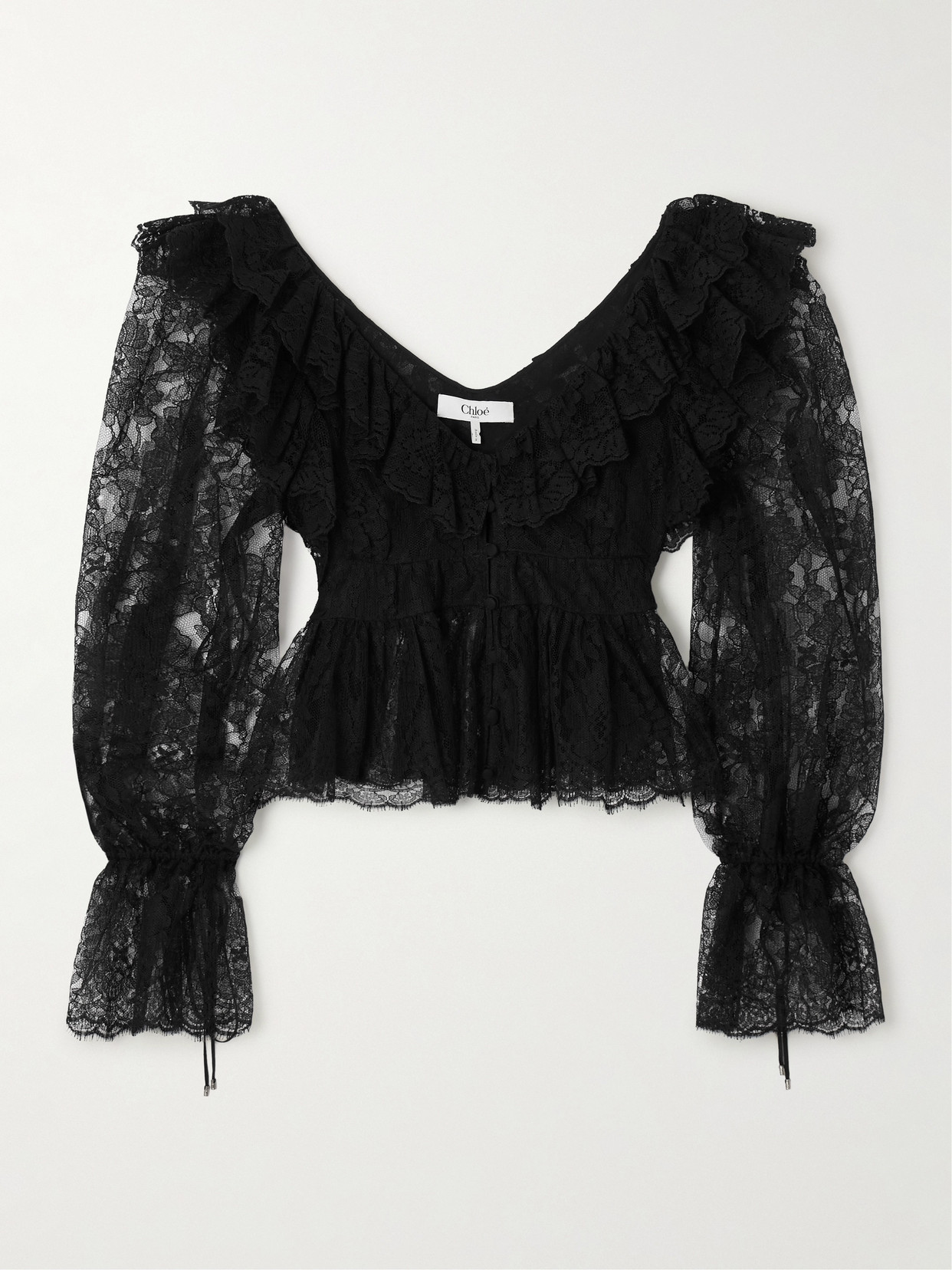 Chloé Ruffled Cotton-blend Lace Peplum Blouse In Black