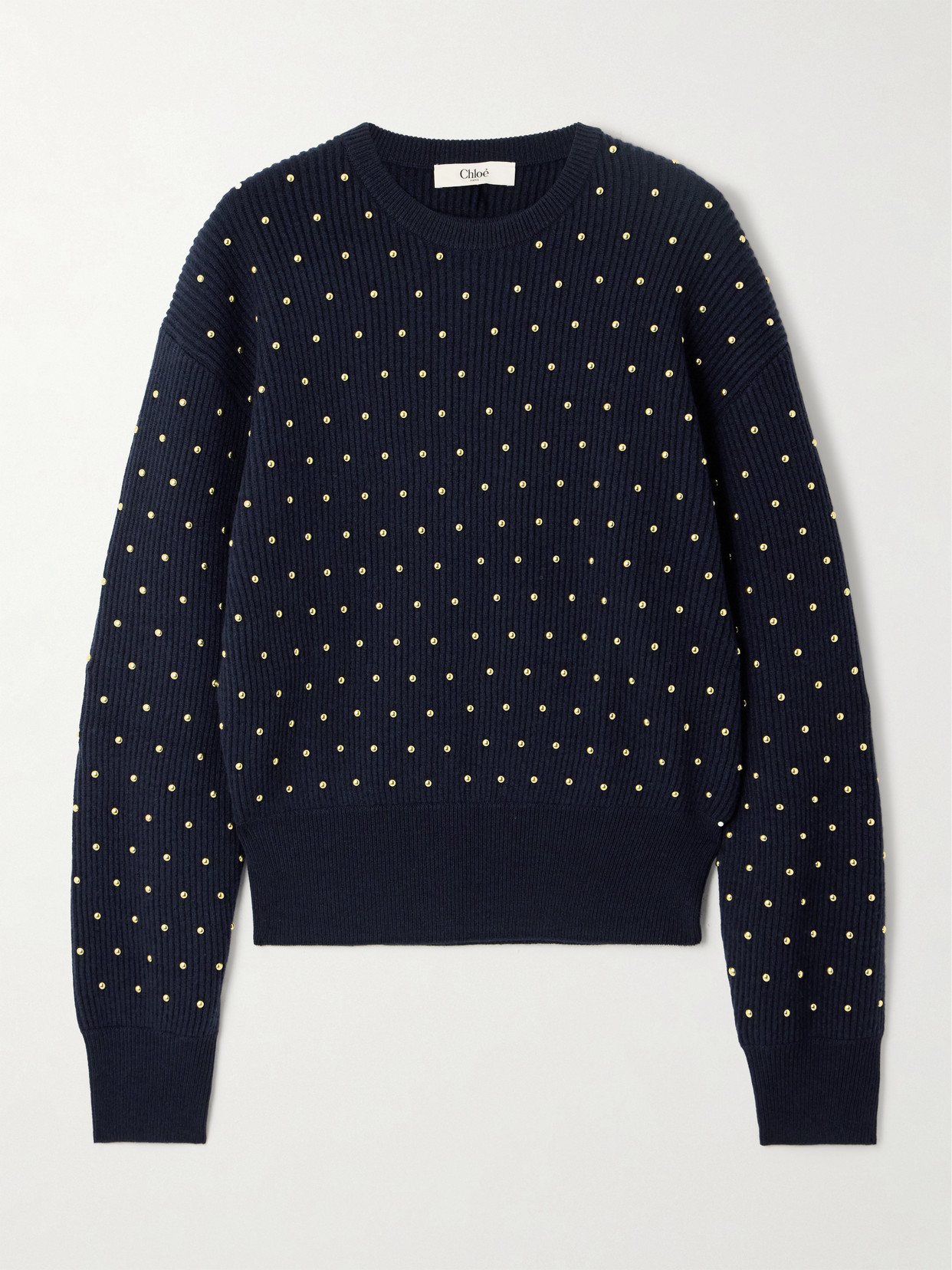 Chloé Studded Ribbed Wool And Cashmere-blend Sweater In Blue