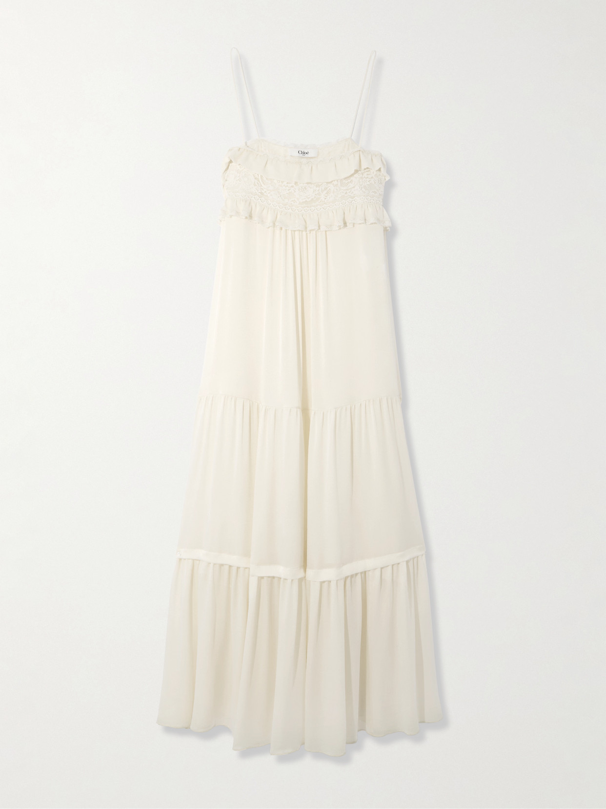 Chloé Lace-trimmed Tiered Ruffled Crepe De Chine Midi Dress In Ivory