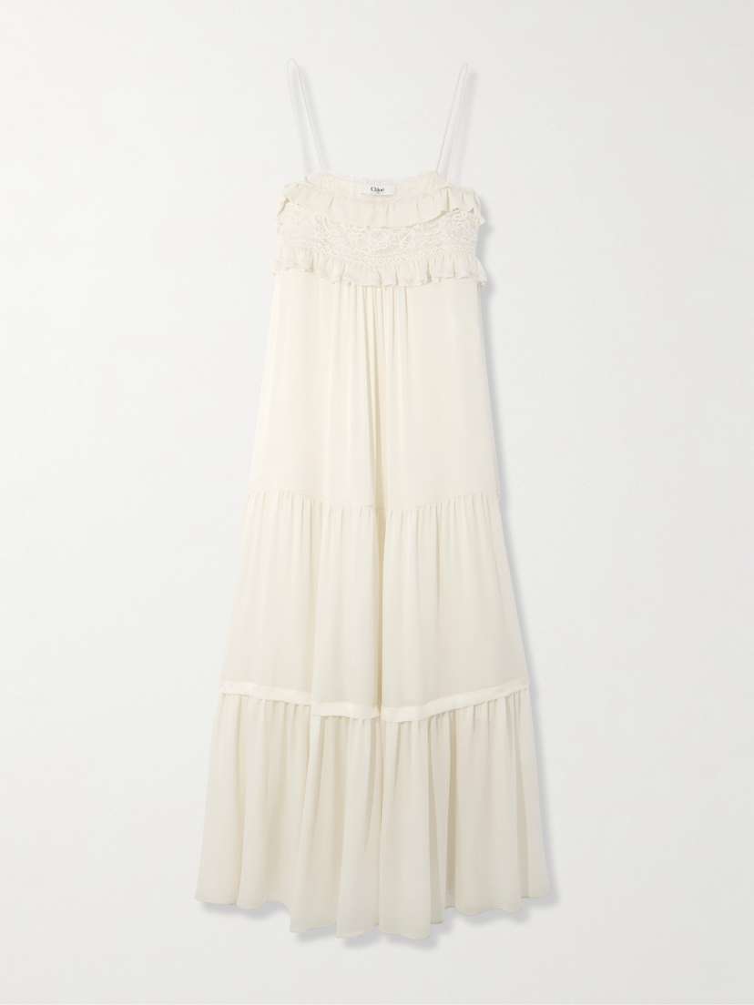Chloé Lace-trimmed Tiered Ruffled Crepe De Chine Midi Dress