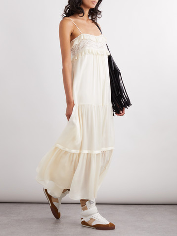Chloé Lace-trimmed tiered ruffled crepe de chine midi dress