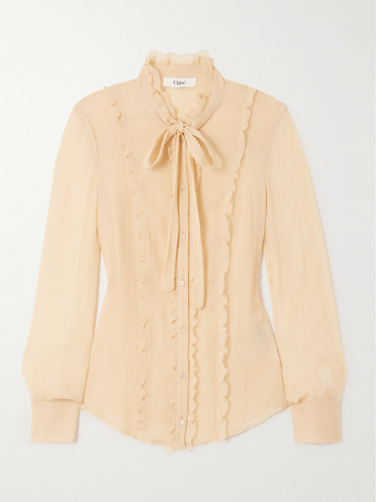 Chloé Tie-neck Ruffled Silk-crepon Shirt In Cream