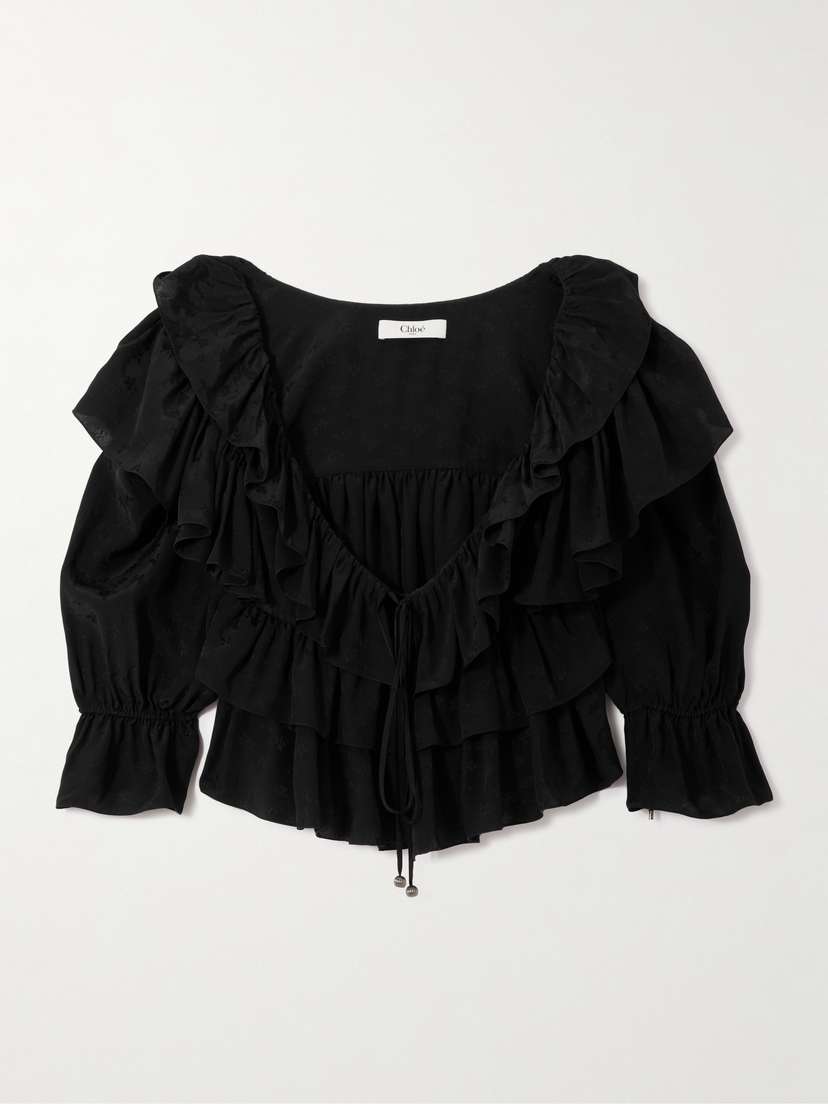 Chloé Ruffled Cropped Floral-jacquard Blouse