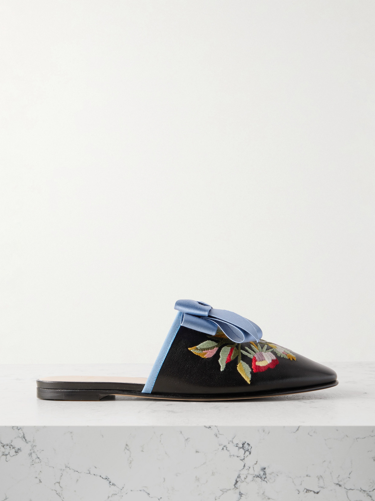Valentino Garavani - Beauregard Bow-embellished Embroidered Leather Slippers - Black