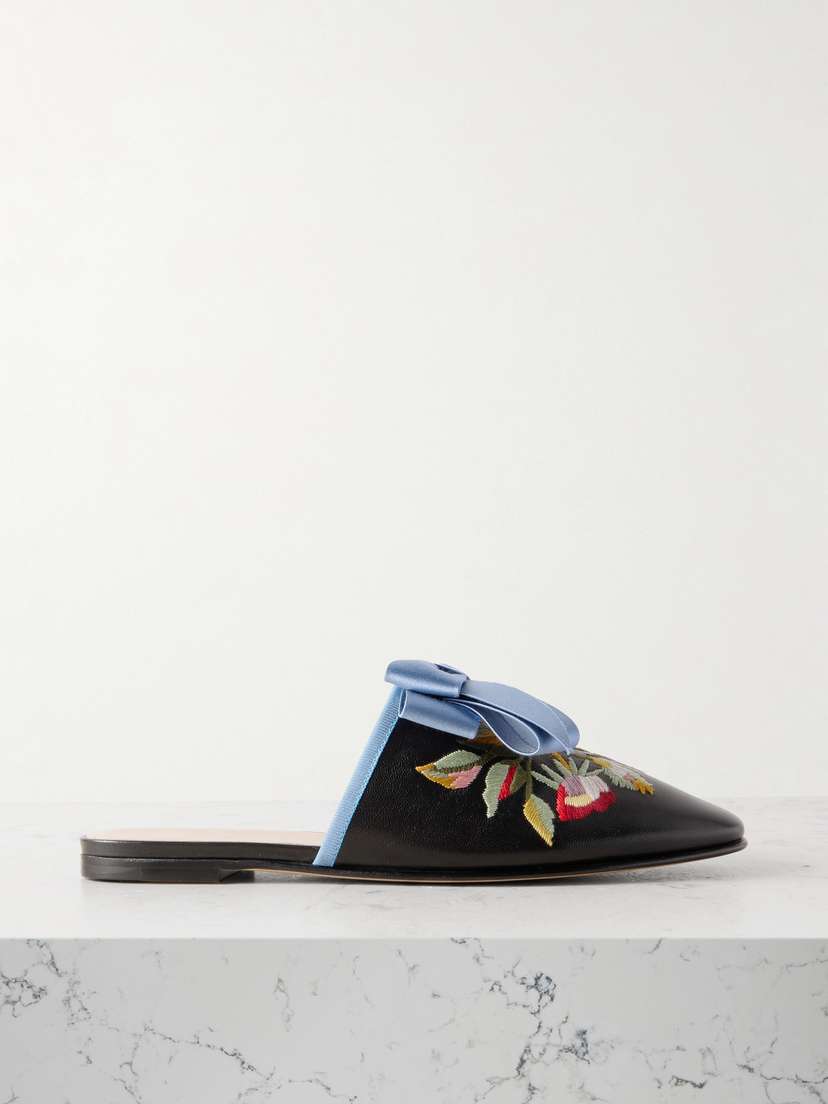 Valentino Garavani Beauregard Bow-embellished Embroidered Leather Slippers