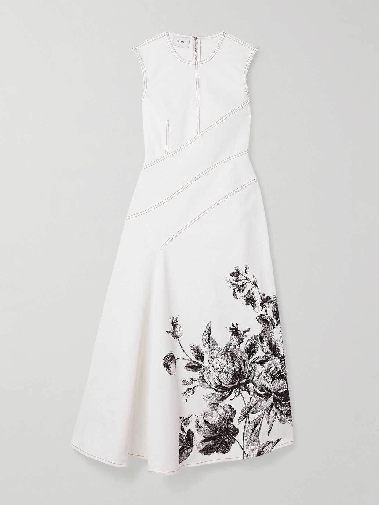 ERDEM ASYMMETRIC PANELED FLORAL-PRINT DENIM MIDI DRESS