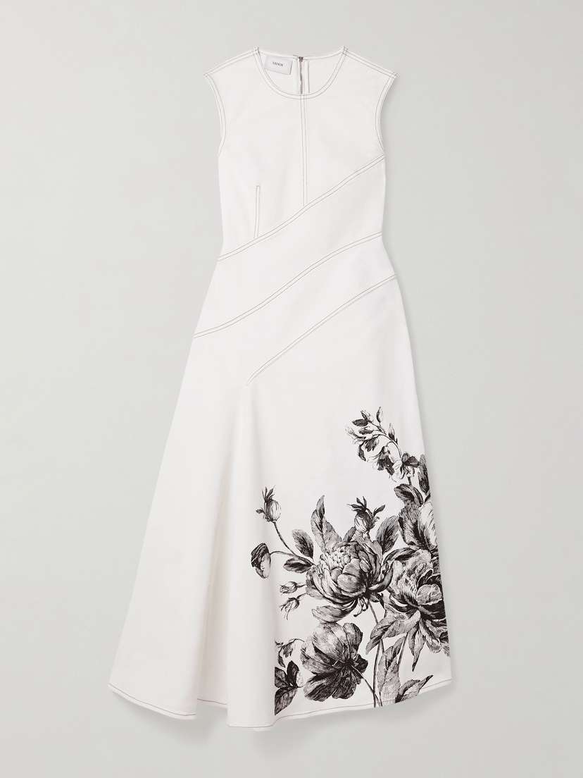 Erdem Asymmetric Paneled Floral-print Denim Midi Dress