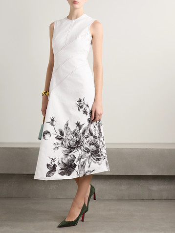 Erdem Asymmetric paneled floral-print denim midi dress