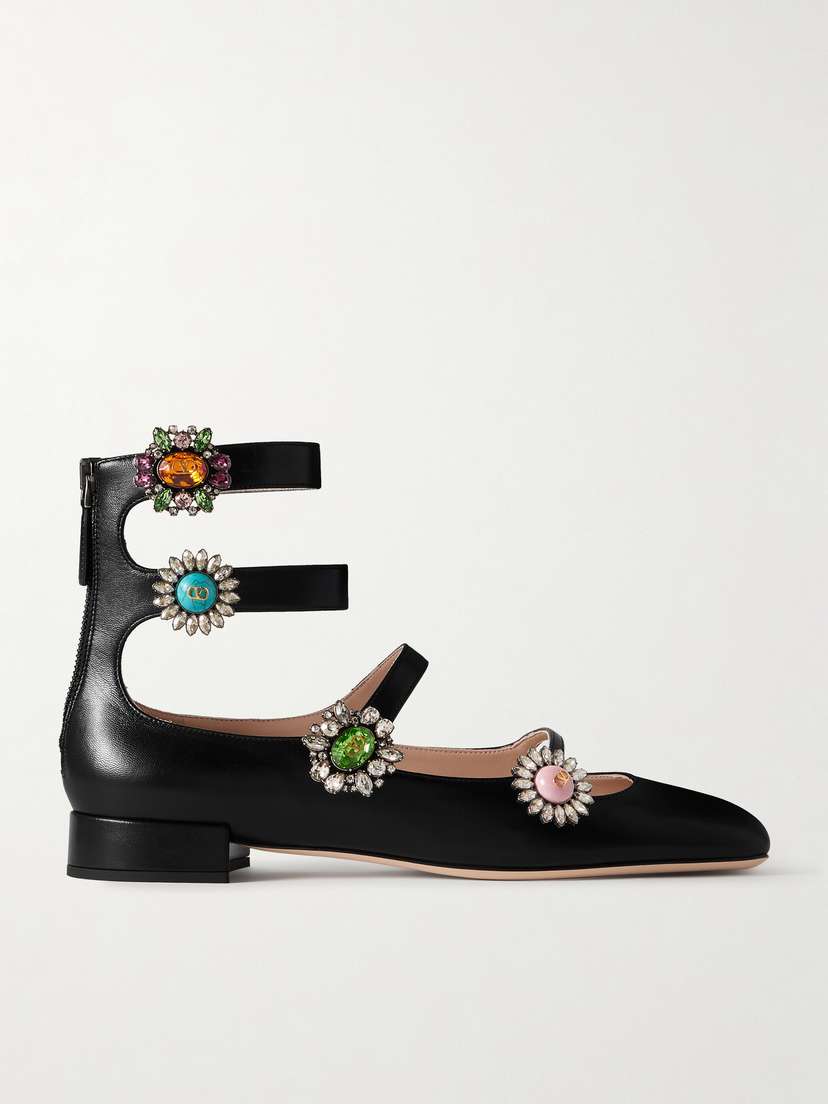 Valentino Garavani Crystal-embellished Leather Ballet Flats