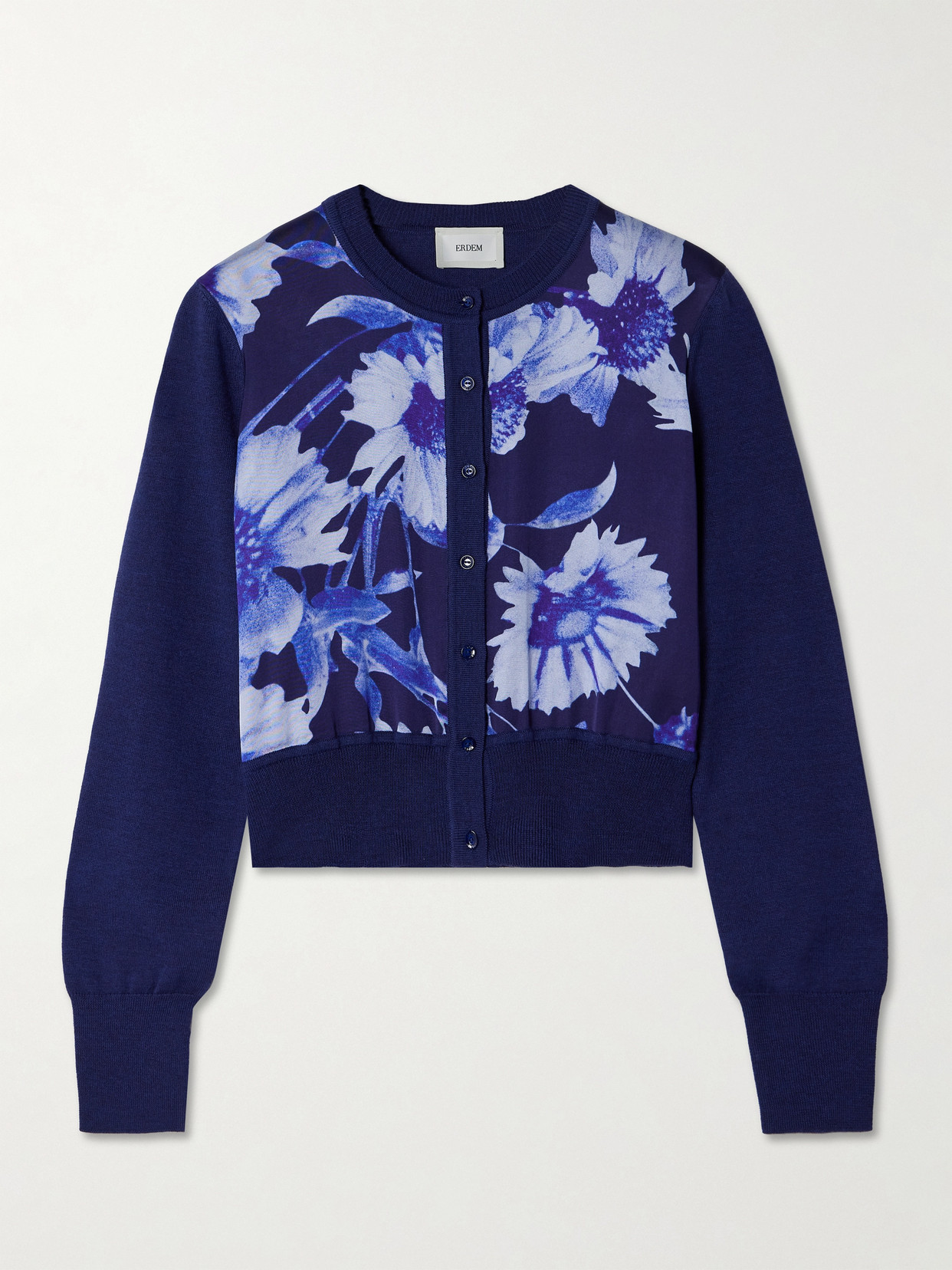 Erdem - Merino Wool And Floral-print Satin Cardigan - Indigo