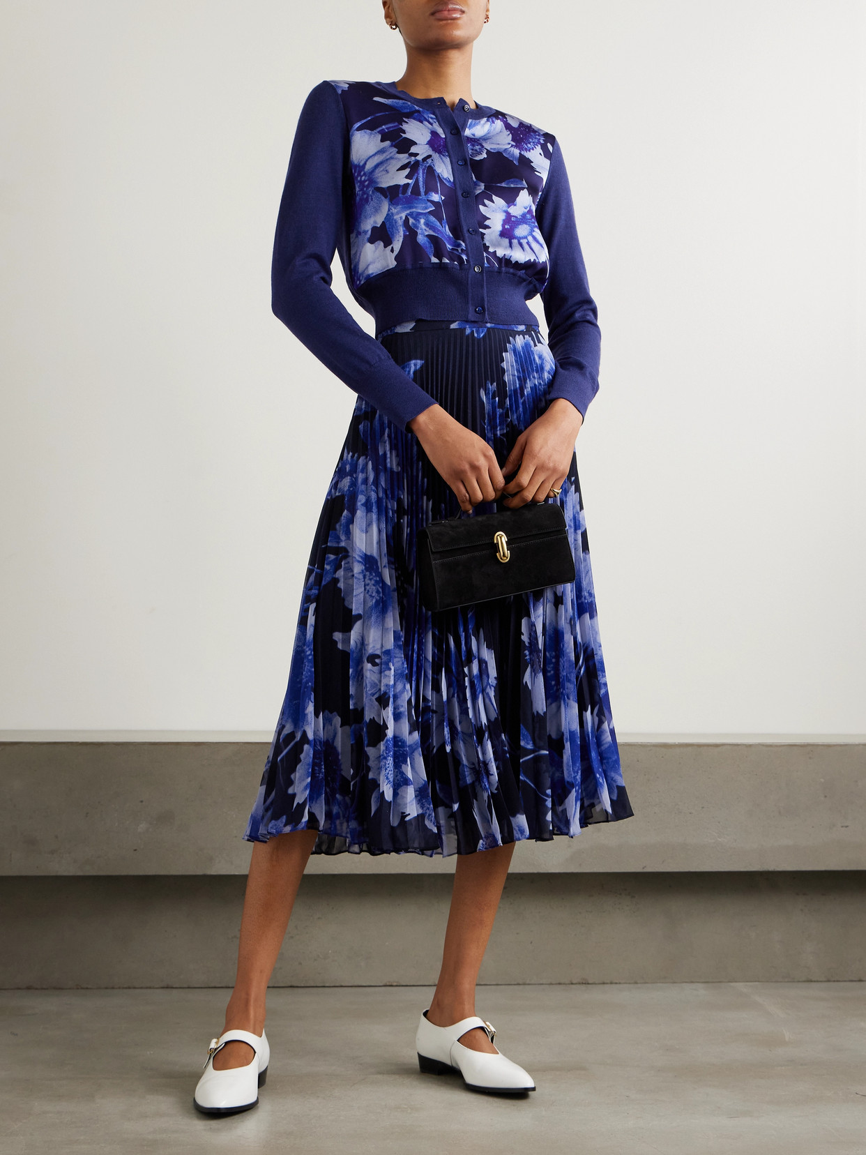 Erdem Merino Wool And Floral-print Satin Cardigan In Blue