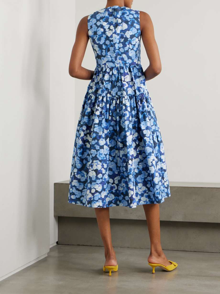 tiered gathered floral-print cotton-poplin midi dress