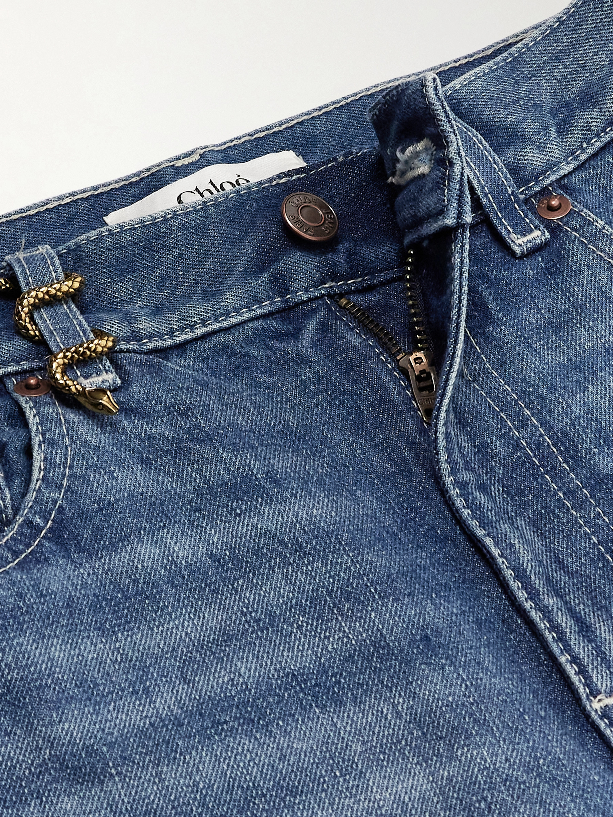 Chloé Snake frayed embellished straight-leg jeans