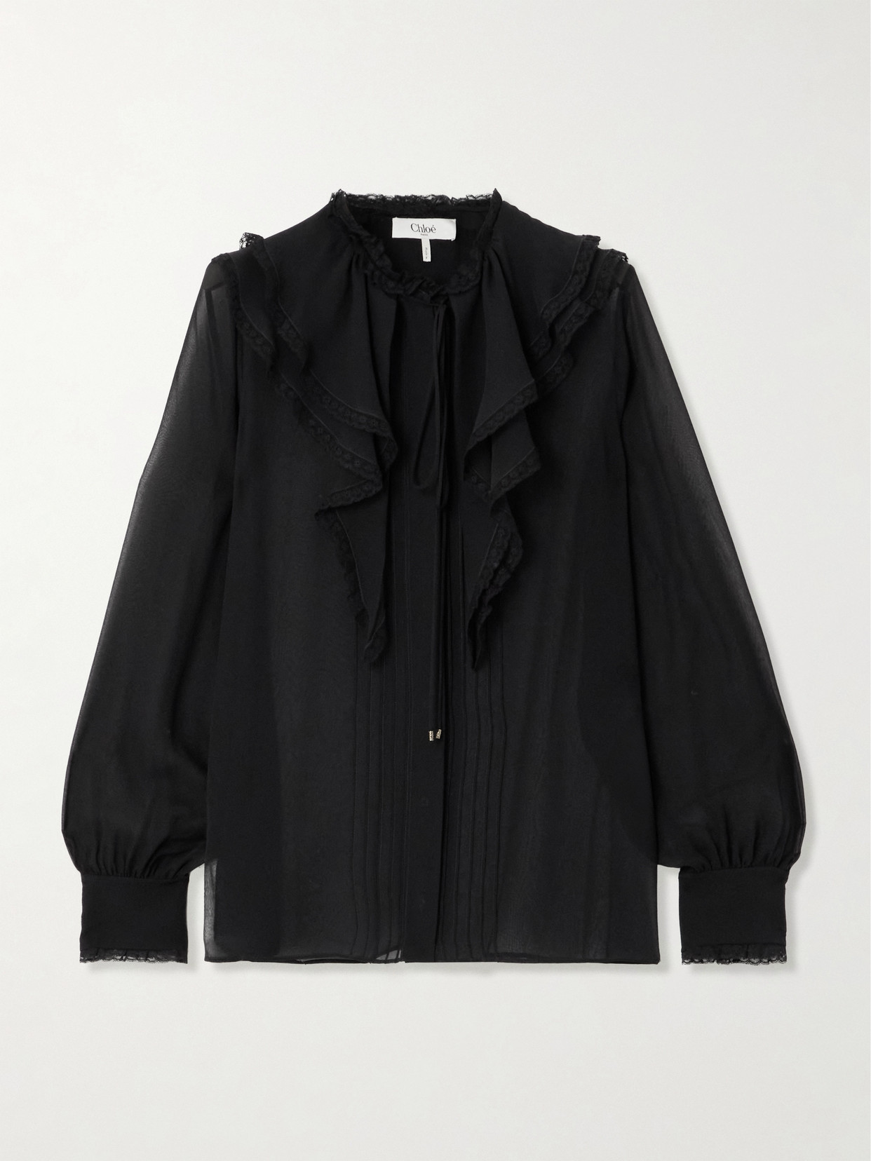 Chloé Lace-trimmed Pleated Silk-chiffon Blouse In Black
