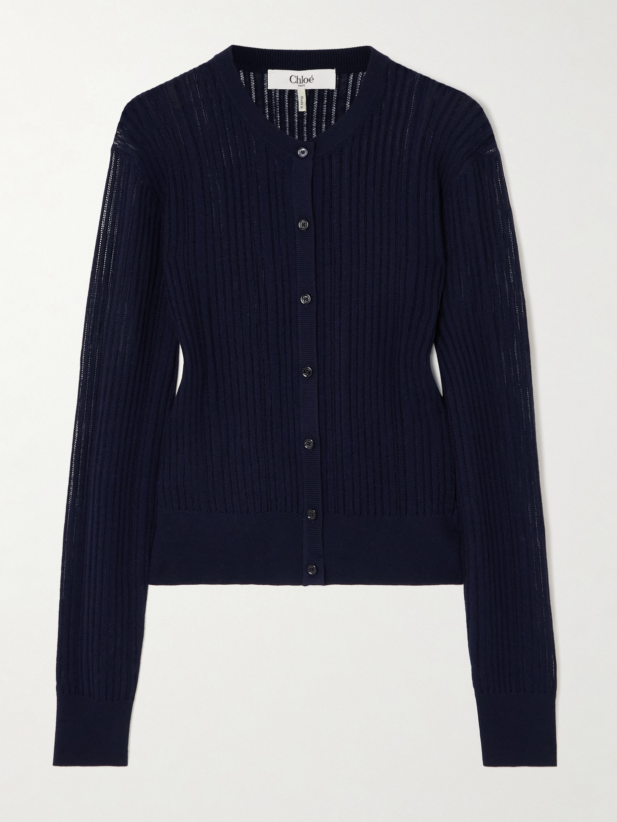 Chloé Ribbed Pointelle-knit Wool Cardigan In Blue