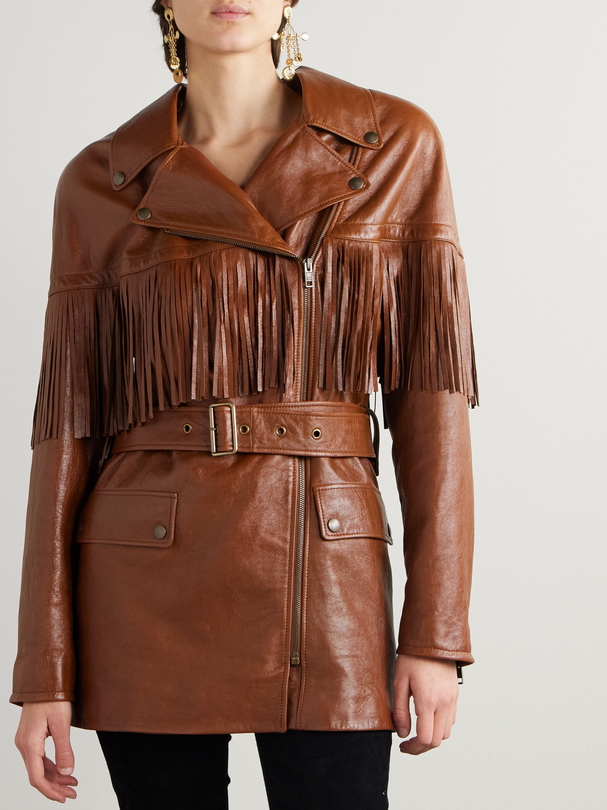 Chloé Brown Belted Fringed Leather Jacket In 26m Clay Brown