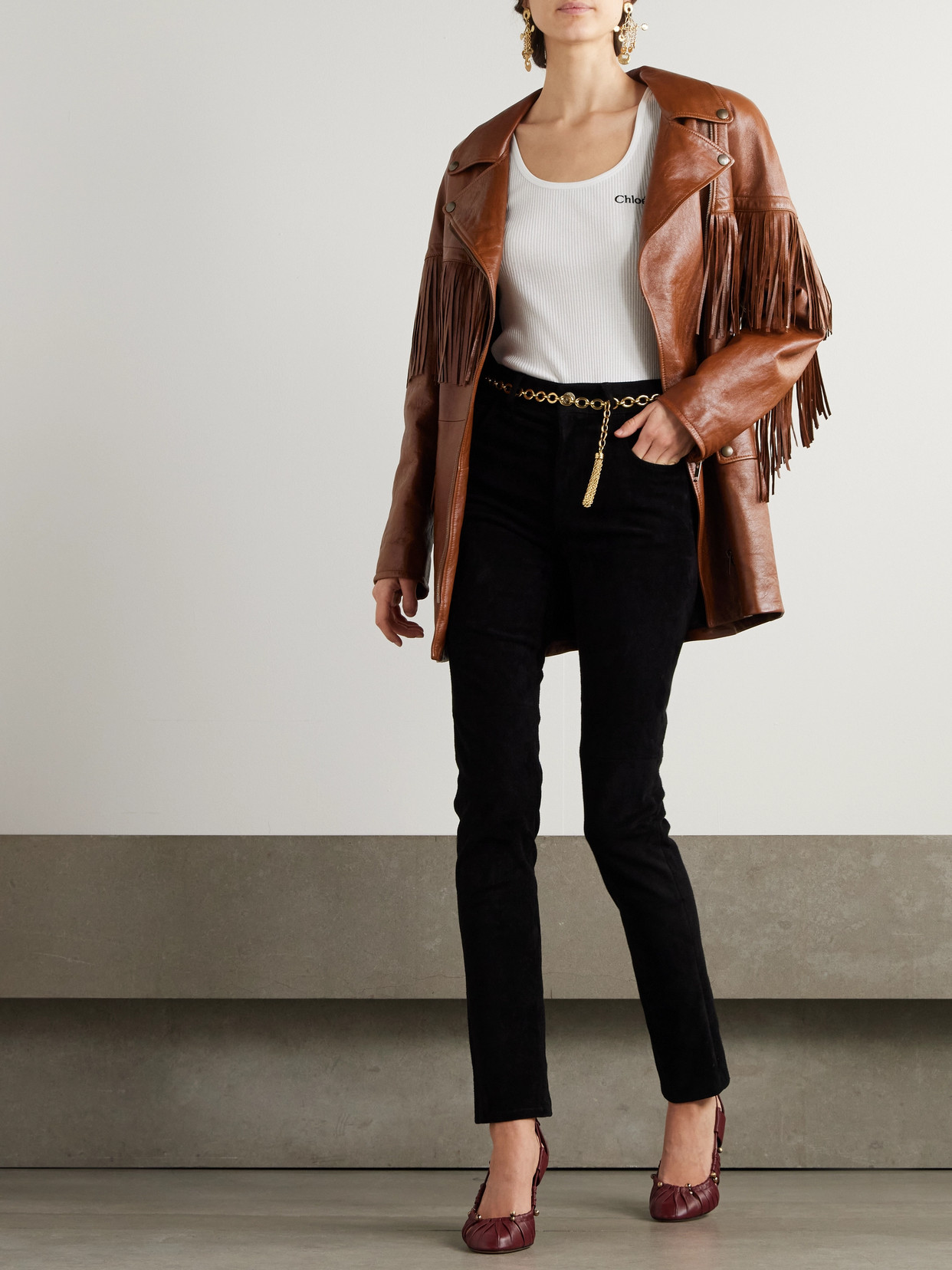 Chloé Brown Belted Fringed Leather Jacket In 26m Clay Brown