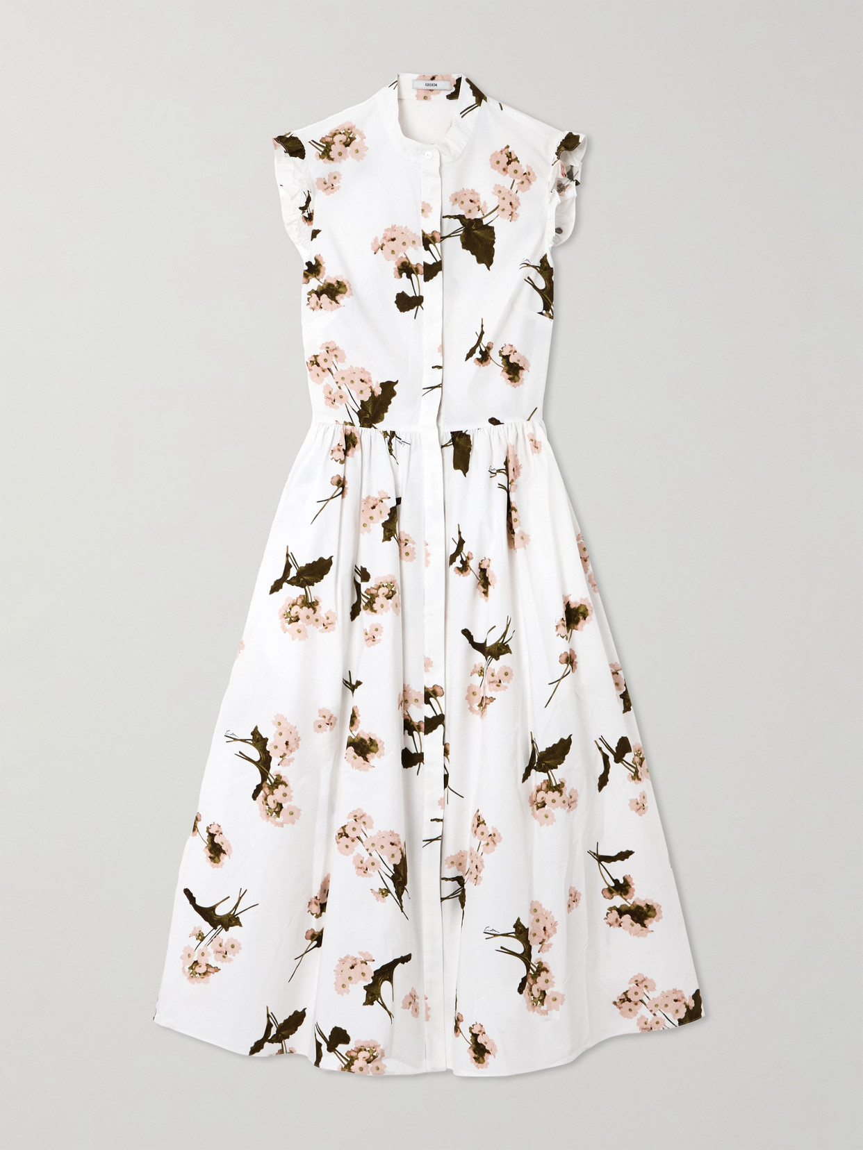 Erdem Ruffled Floral-print Cotton-poplin Midi Shirt Dress In White
