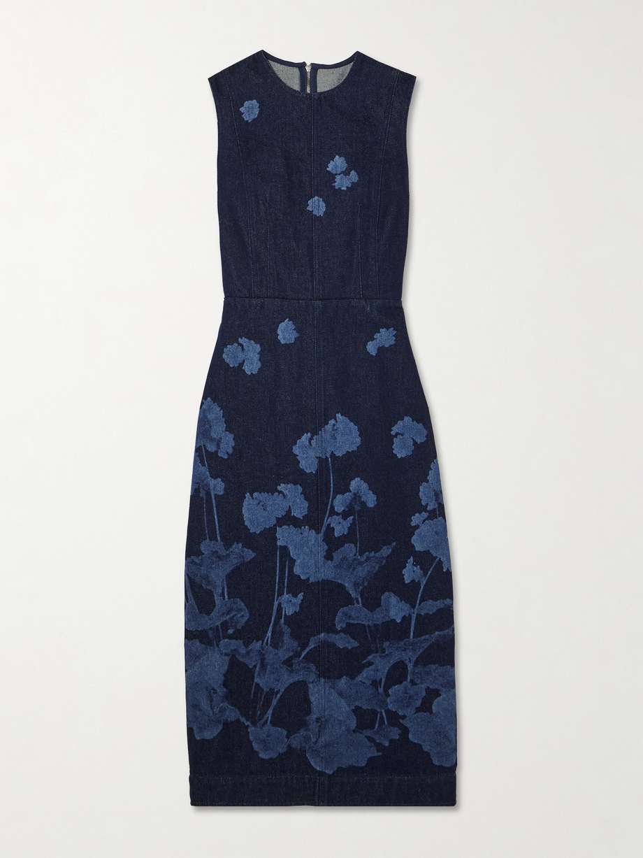 elena floral-print denim midi dress