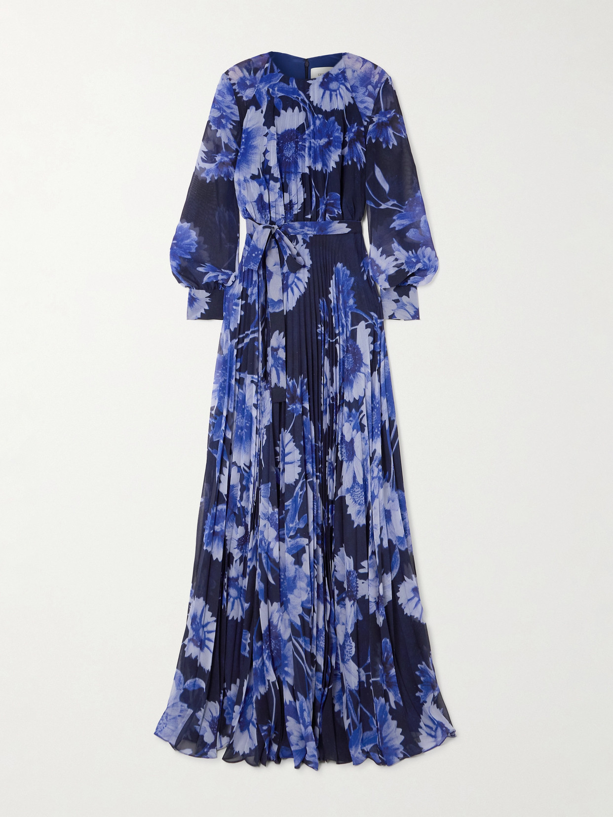 Erdem Troubridge Pleated Floral-print Silk-voile Gown In Blue