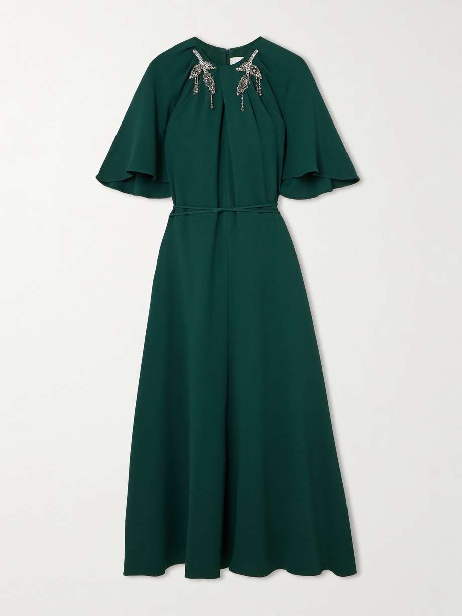tie-detailed embellished crepe midi dress