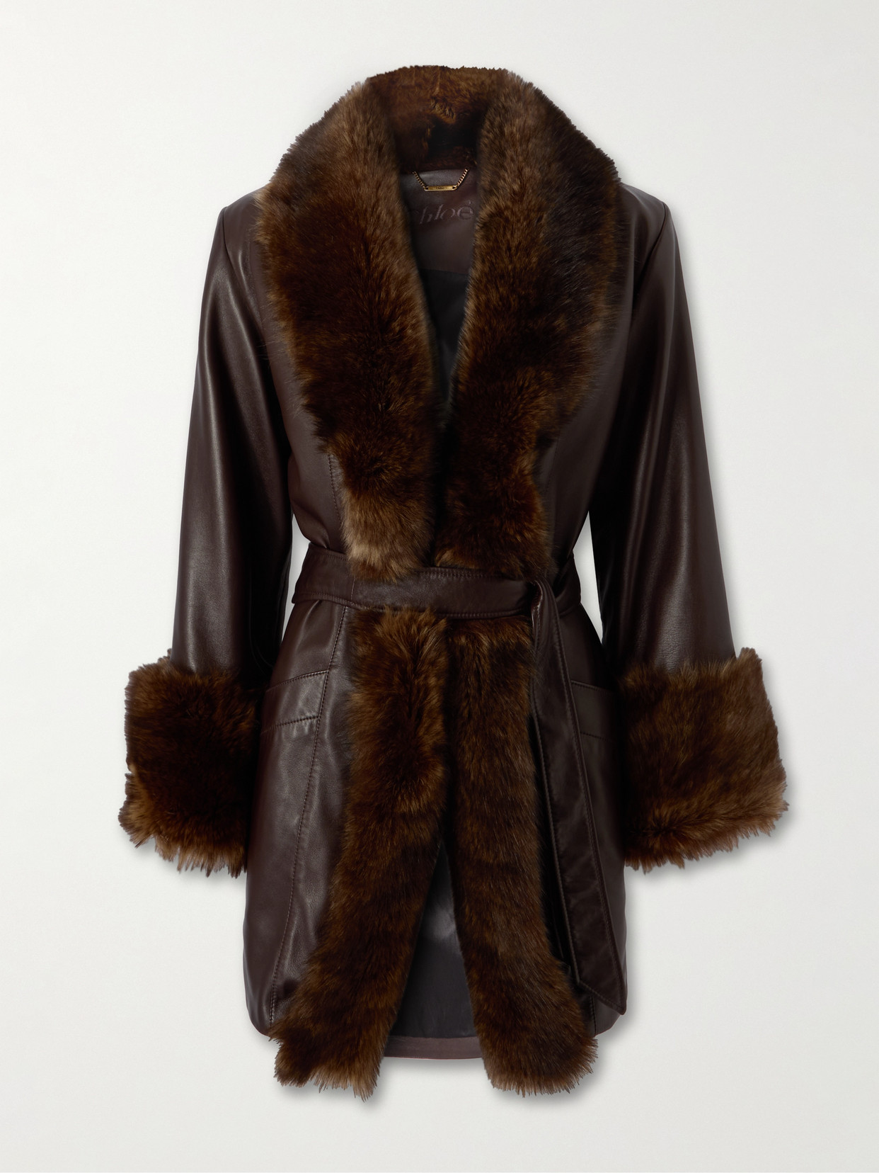 Shop Chloé Oversized Belted Shearling-trimmed Leather Coat In Brown