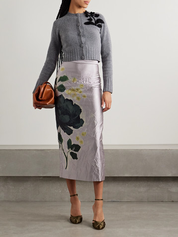 Erdem Crinkled floral-print satin-twill midi skirt