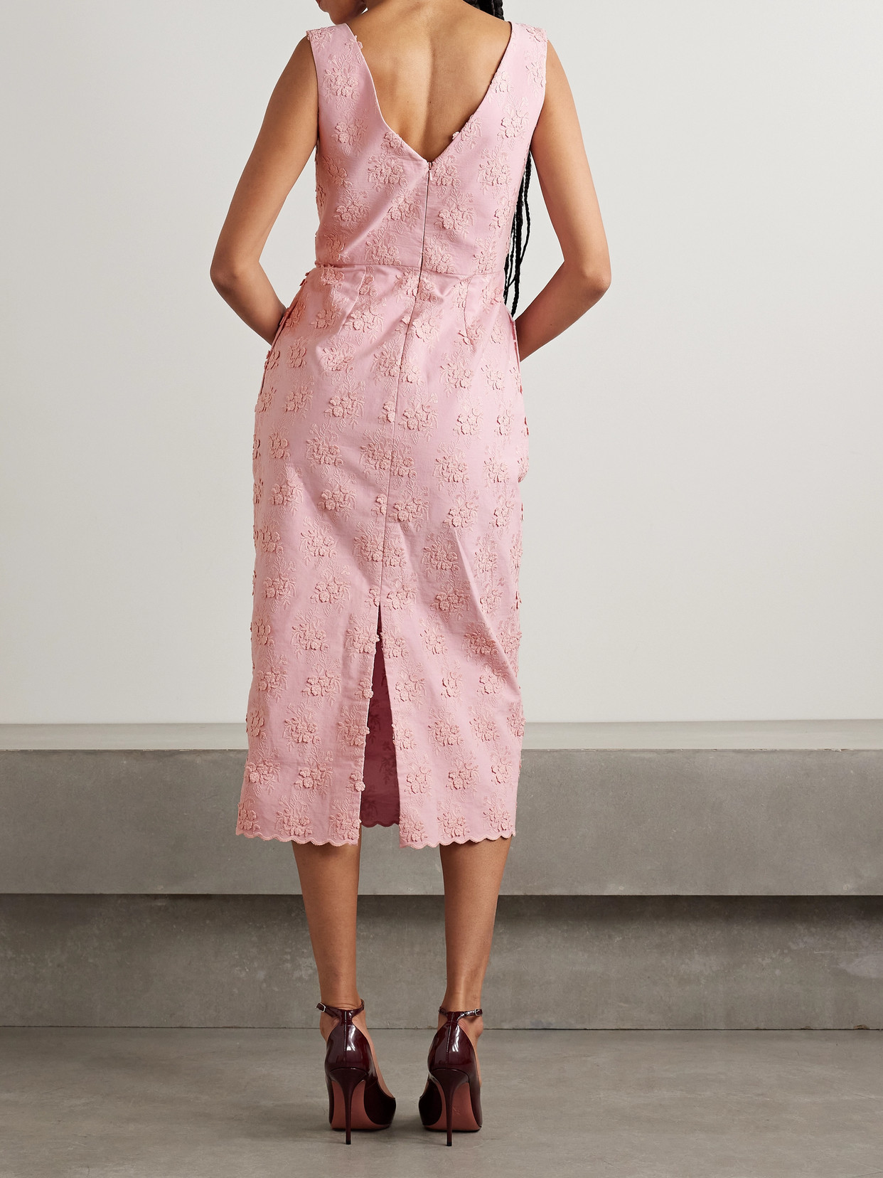 ERDEM EMBROIDERED APPLIQUÉD PLEATED CANVAS MIDI DRESS