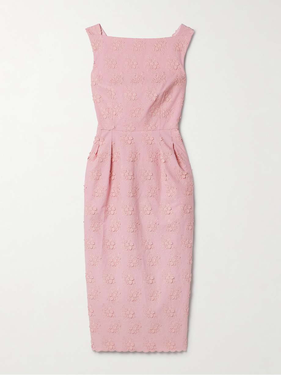 embroidered appliquéd pleated canvas midi dress