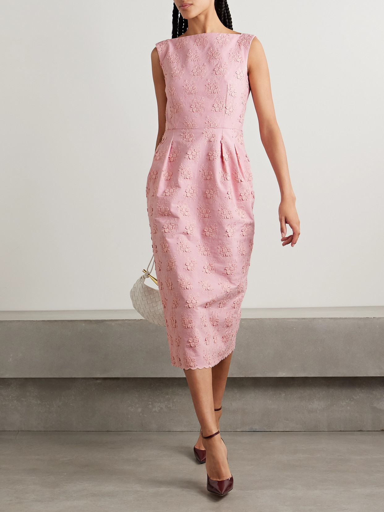 ERDEM EMBROIDERED APPLIQUÉD PLEATED CANVAS MIDI DRESS