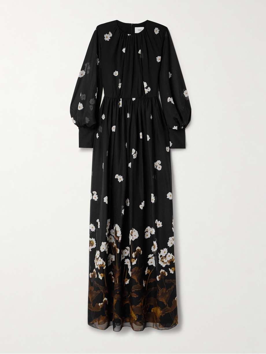 elena gathered floral-print silk-chiffon gown