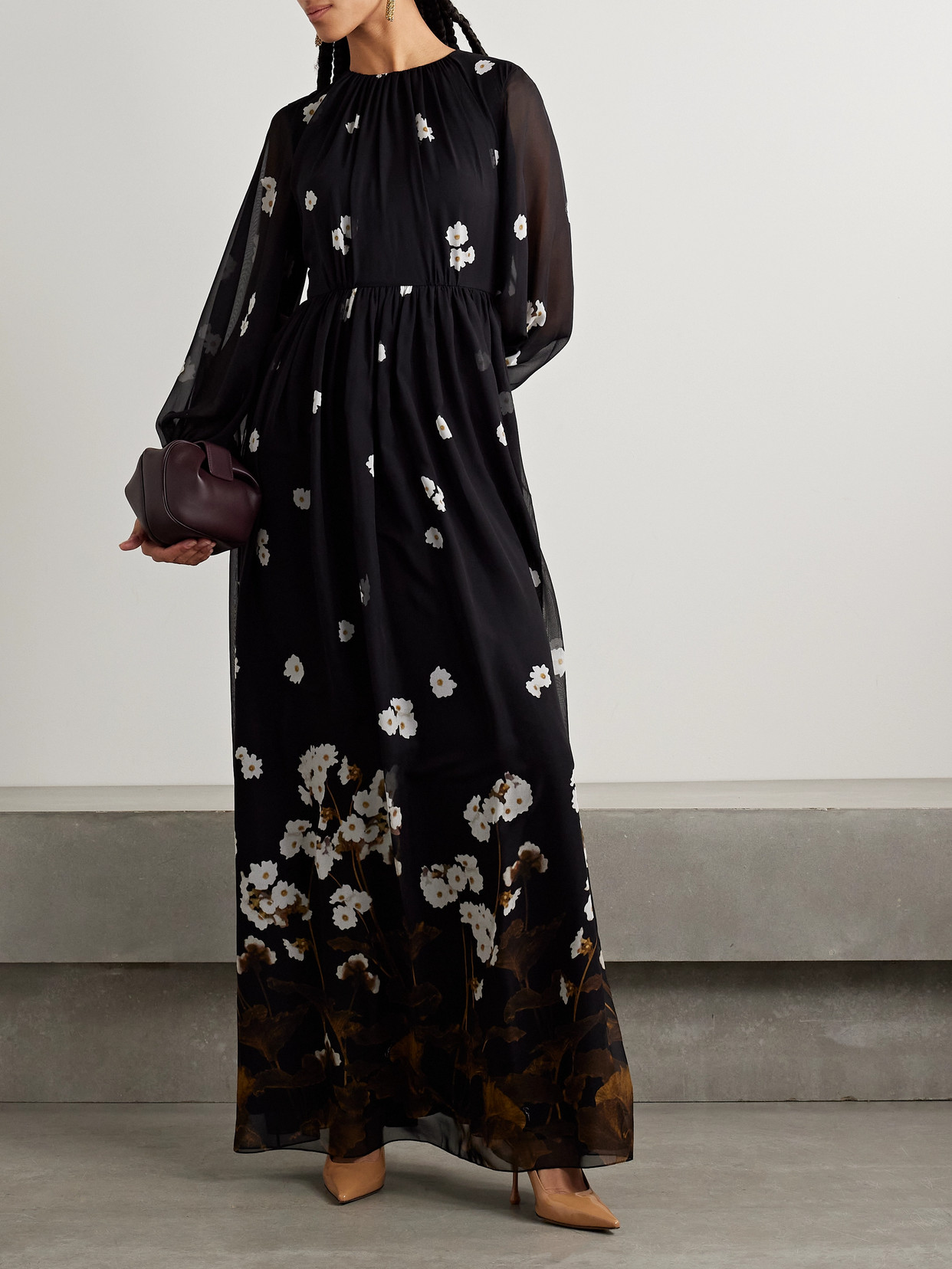 Erdem Elena Gathered Floral-print Silk-chiffon Gown In Multi