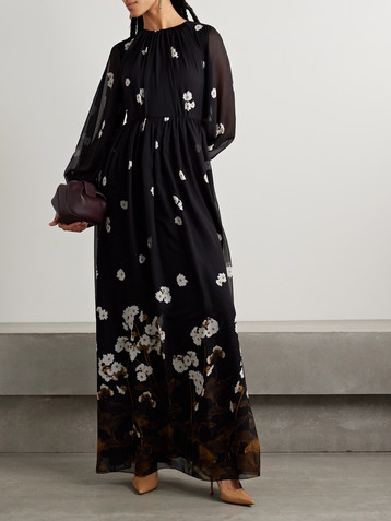 Erdem Elena gathered floral-print silk-chiffon gown