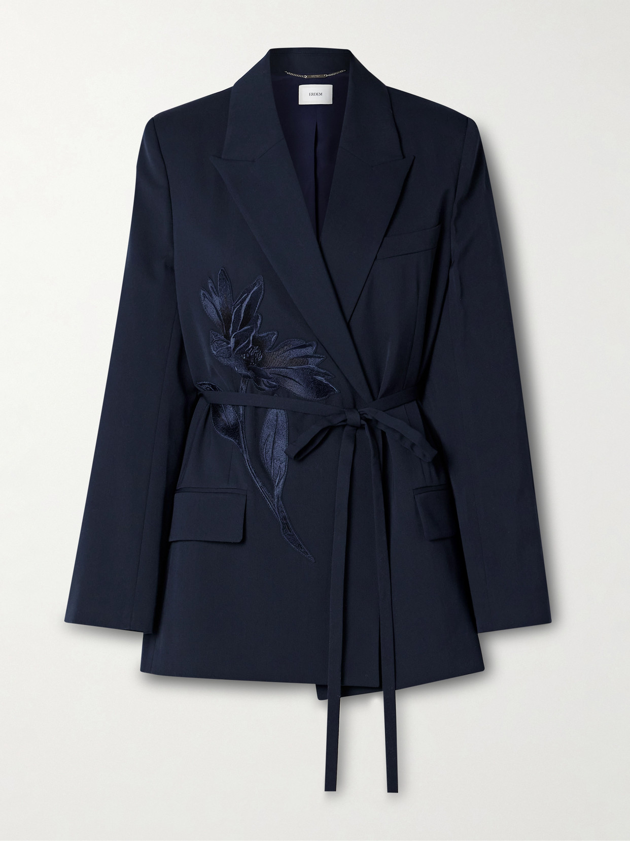 Erdem Belted Appliquéd Crepe Blazer In Blue