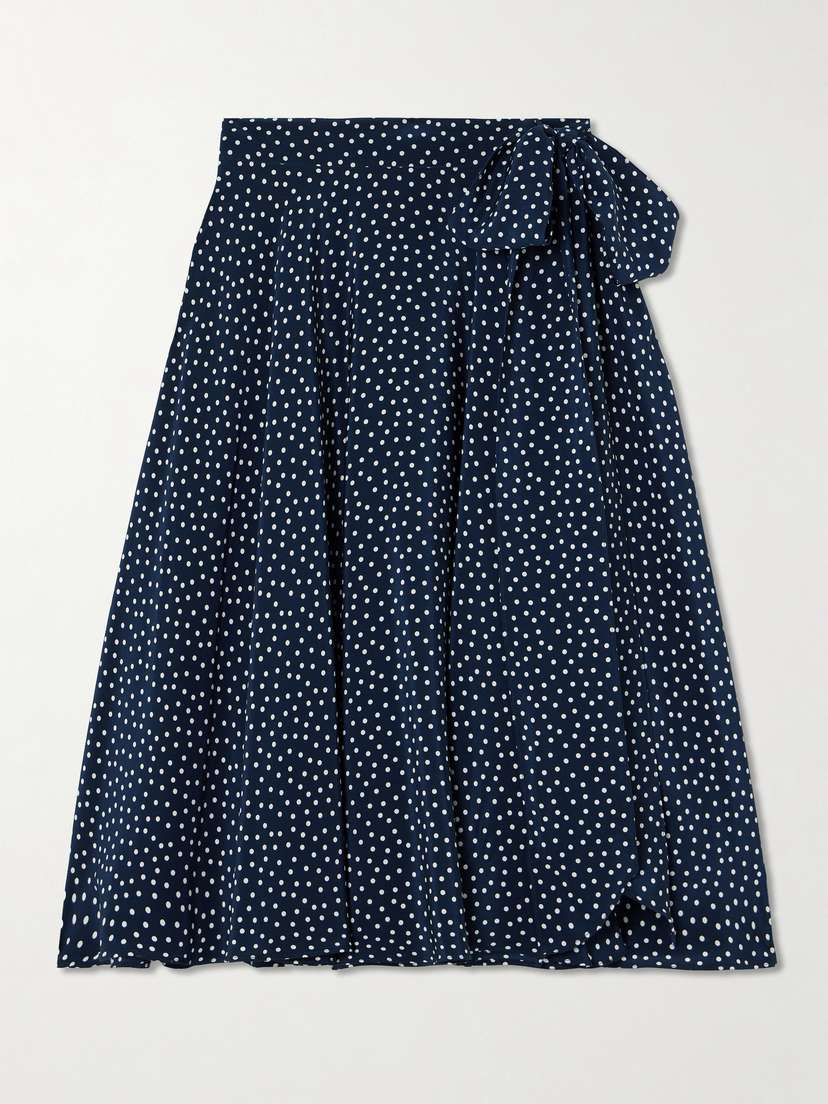 Alessandra Rich Pleated Polka-dot Silk Crepe De Chine Midi Wrap-effect Skirt