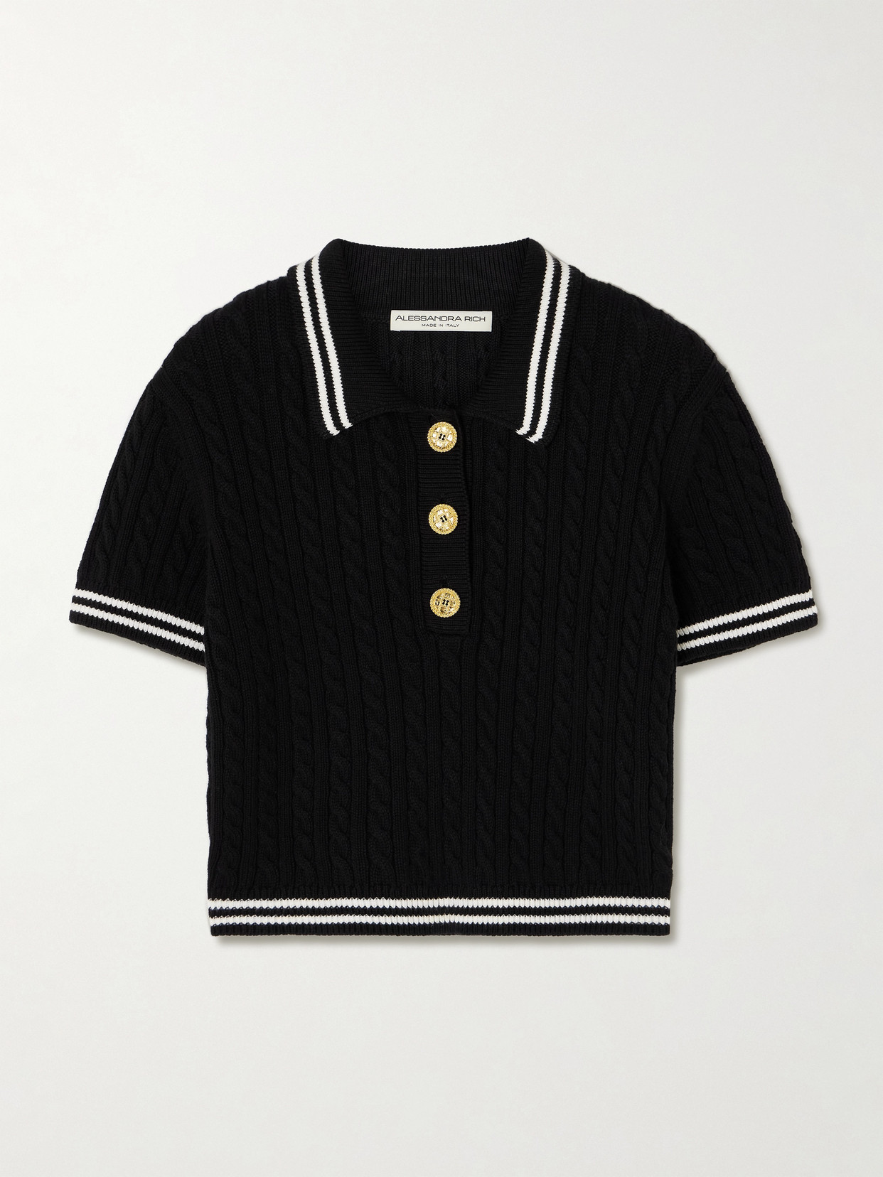 Alessandra Rich Braided Cotton Polo Shirt With Contrast Details In Black