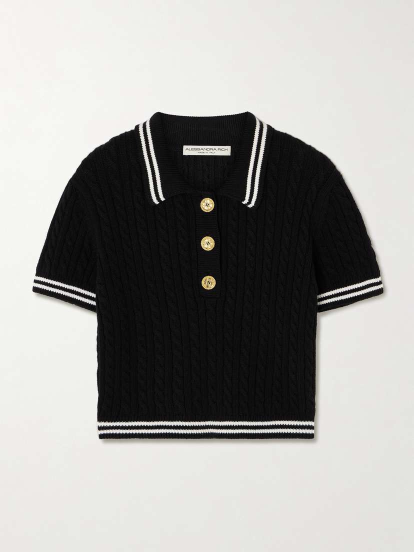 Alessandra Rich Cropped Cable-knit Cotton Polo Shirt