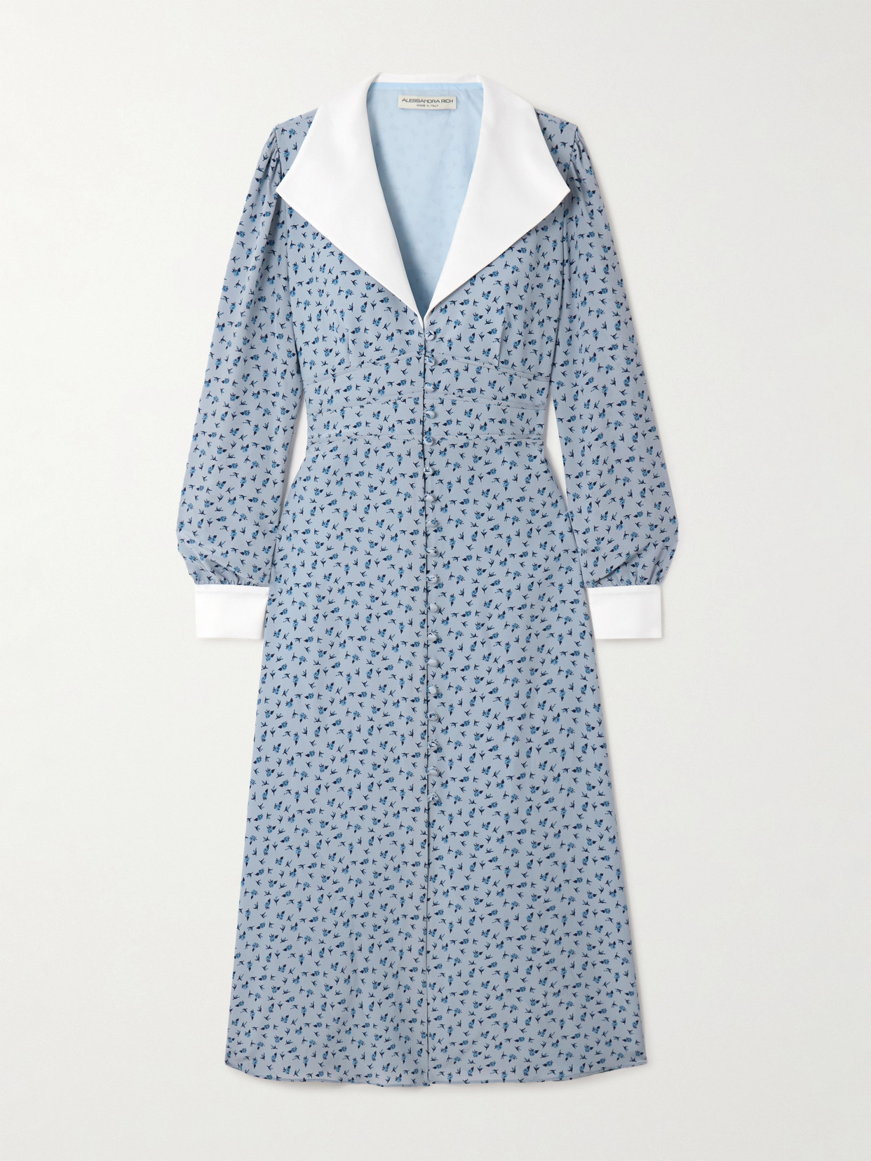 Alessandra Rich Mikado-trimmed Floral-print Silk-crepe De Chine Midi Shirt Dress In Blue