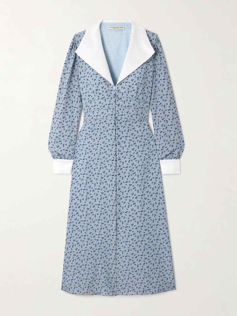 Alessandra Rich Mikado-trimmed Floral-print Silk-crepe De Chine Midi Shirt Dress