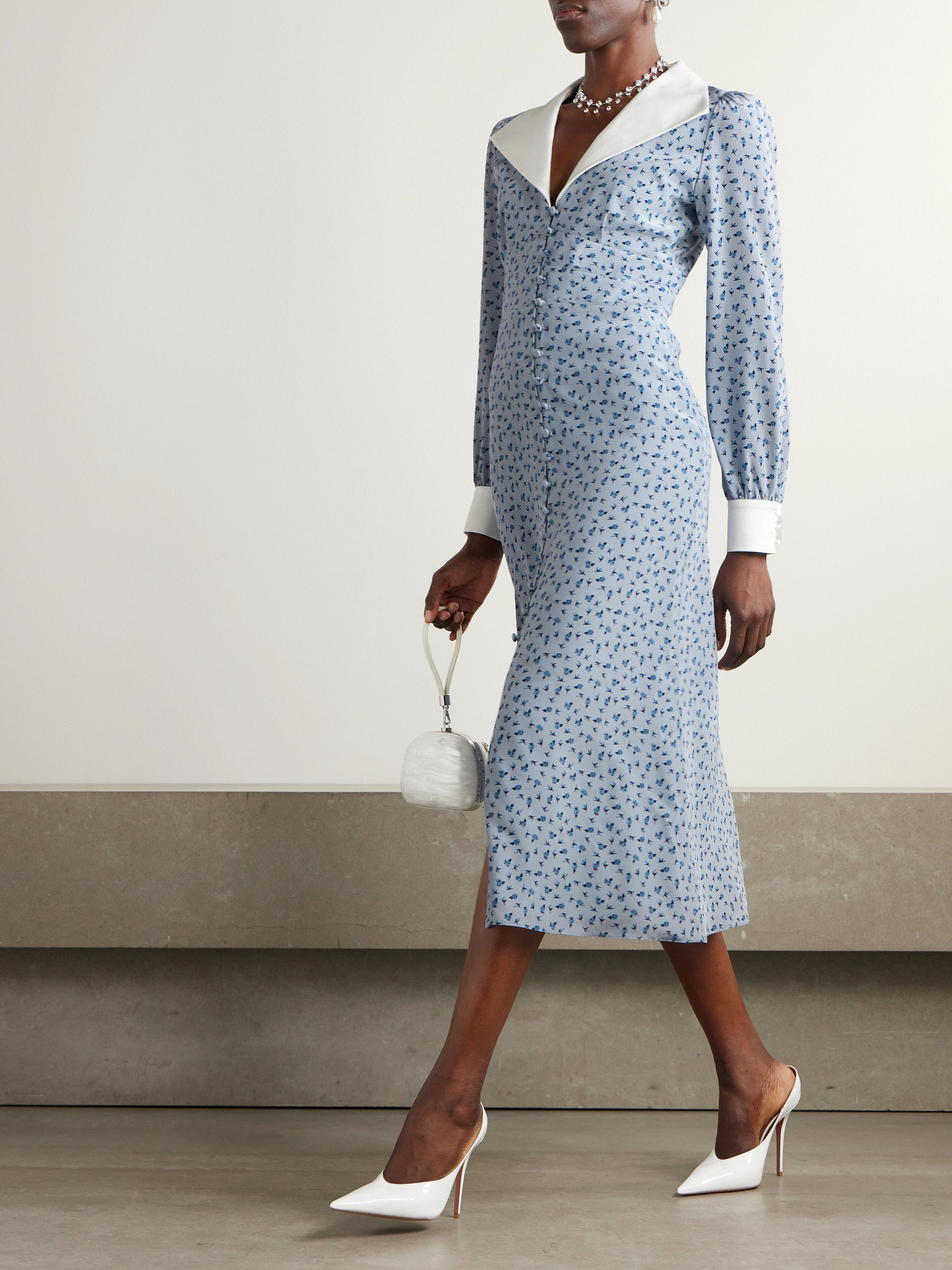 Alessandra Rich Mikado-trimmed floral-print silk-crepe de chine midi shirt dress