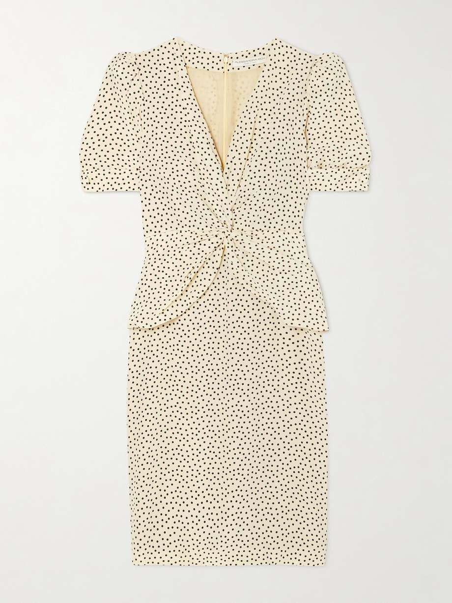 twist-front gathered polka-dot silk midi dress