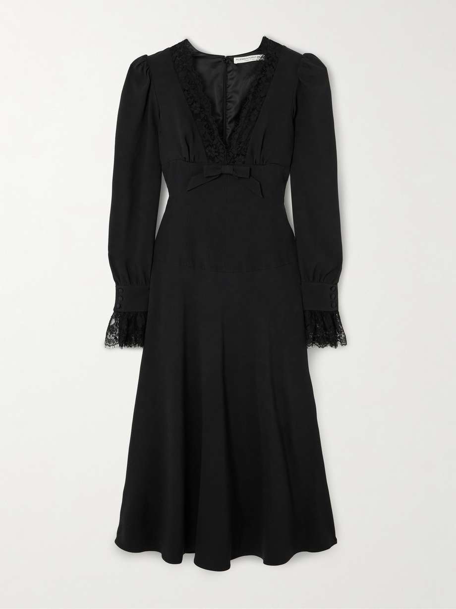 lace-trimmed crepe midi dress