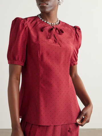 Alessandra Rich Bow-detailed polka-dot silk-crepe blouse