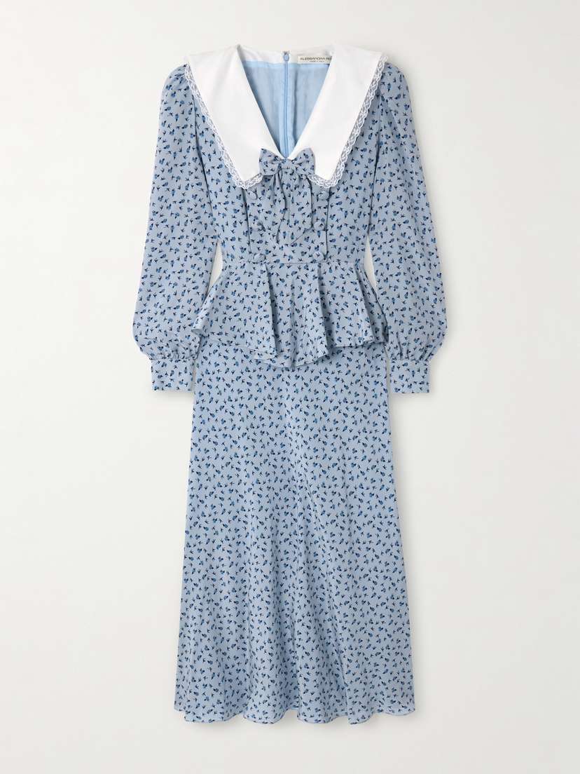 Alessandra Rich Envers Lace And Mikado-trimmed Floral-print Crepe De Chine Peplum Midi Dress