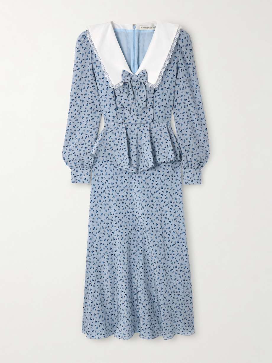 envers lace and mikado-trimmed floral-print crepe de chine peplum midi dress