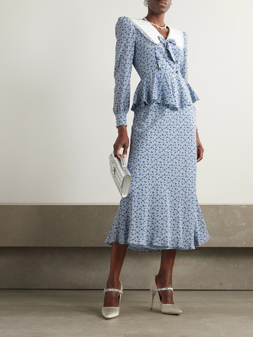Alessandra Rich Envers lace and mikado-trimmed floral-print crepe de chine peplum midi dress