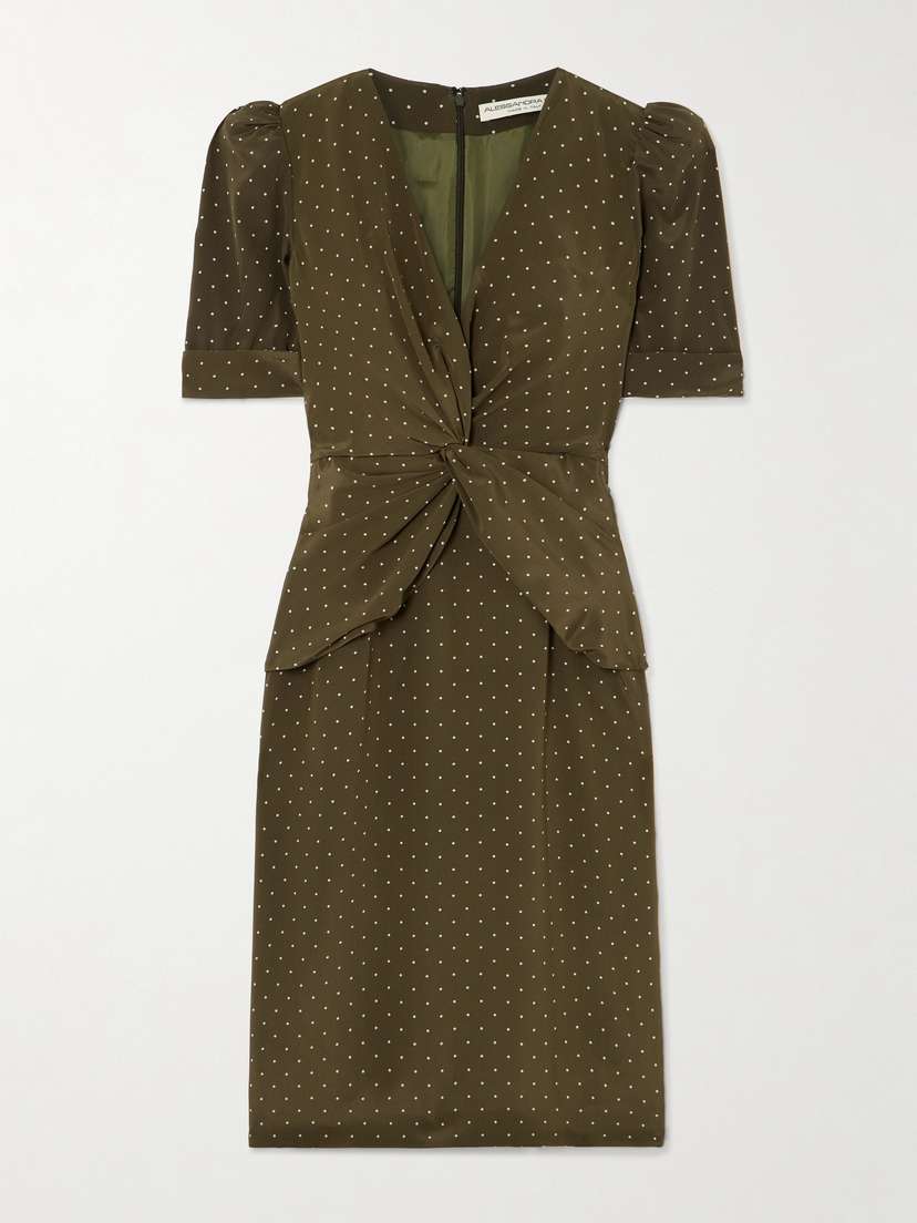 Alessandra Rich Twist-front Gathered Polka-dot Silk Midi Dress