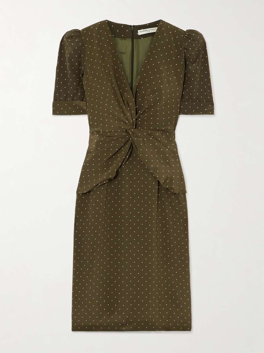twist-front gathered polka-dot silk midi dress