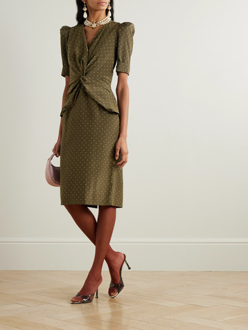 Alessandra Rich Twist-front gathered polka-dot silk midi dress