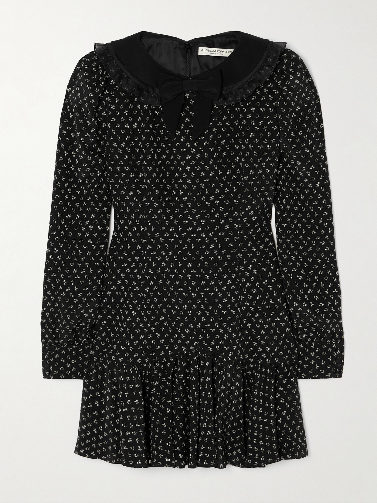 Alessandra Rich Ruffled Velvet And Tulle-trimmed Floral-print Silk Crepe De Chine Mini Dress In Black